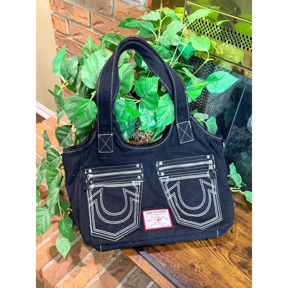 True Religion Tote Bag Women Black Canvas Contrast Stitch Horseshoe OS